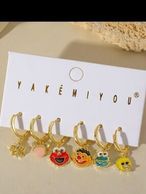 14K Gold Plated Sesame Street Theme Stud Mismatched Huggie Hoop Earrings Set
